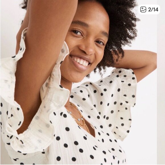 Madewell Ruffle Short-Sleeve Ivory Black Mini Babydoll Dress in Dot Toss Medium - Picture 4 of 10